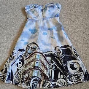Moulinette Soeurs Strapless Cityscape Print Dress in Blue, White, Black